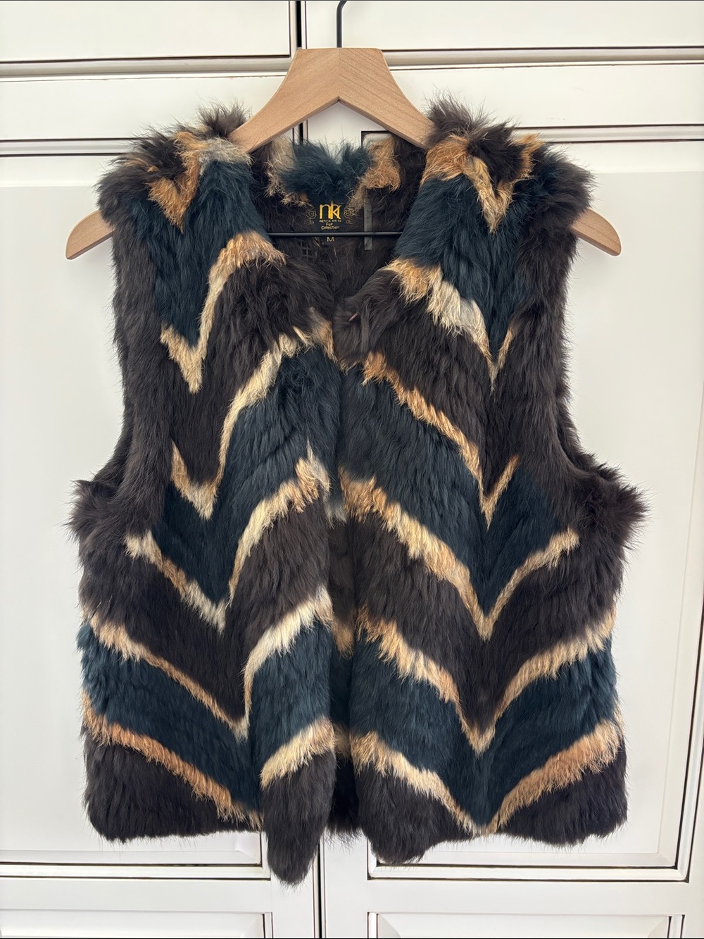 Metric Knits 100% Rabbit Fur Vest Vintage Black Tan Luxury Evening Womens Medium